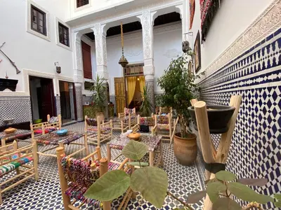 a courtyard with chairs and plants in a building at Dar Zarbtana Chambre Essaouira in Fès
