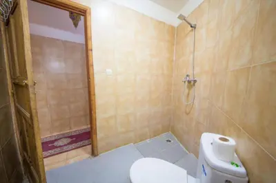 a bathroom with a toilet and a shower at Riad Maison Haddaji Fez in Fès