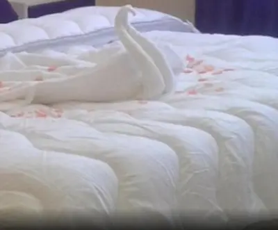 two white swans on top of a bed at Dolce Vita Nid Douillet alias Havre de Paix O Coeur d Ifrane in Ifrane