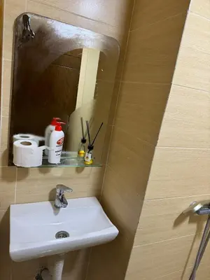 a bathroom with a sink and a mirror at Chic and comfortable air-conditioned apartment in Fès