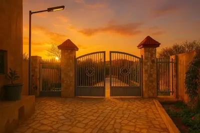 a gate to a driveway with a sunset in the background at Tazouta Farm Villa with Pool in Tazouta