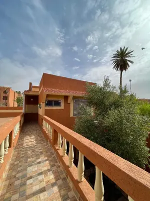 a balcony of a house with a palm tree at Dyafat Abla in Oulad Akkou