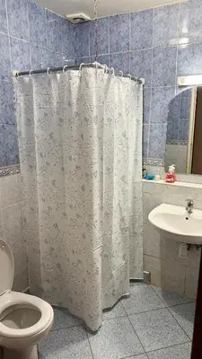 a bathroom with a shower curtain and a toilet at Aéroport Service navette vers logement cosy in Oulad Akkou