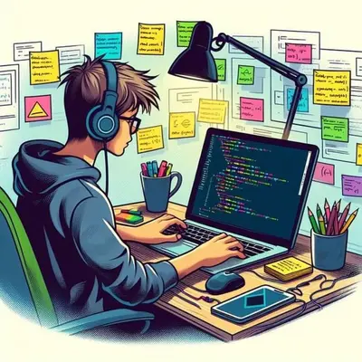 a man wearing headphones sitting at a desk with a laptop at test post in Oulad Akkou