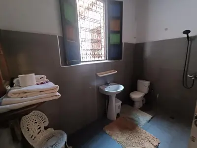 a bathroom with a sink and a toilet and a window at Suite in a 19 century palace in the heart of Medina in Fès