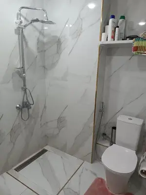 a white bathroom with a shower and a toilet at Appartement hay mohammadi GH26 in Oulad Akkou