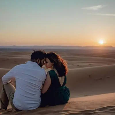 a man and a woman sitting in the desert watching the sunset at Unique Sahara Camp in Merzouga