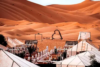 a desert wedding in a marquee in the desert at sahara bliss camp in Merzouga