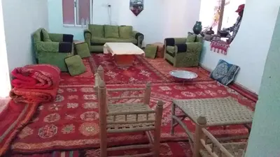 a living room with green chairs and a red rug at Auberge chez hammadi