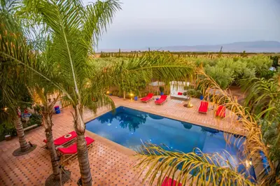 an overhead view of a swimming pool with chairs and palm trees at Domaine avec gouvernante 5 chambres, piscine, hamam et ferme pédagogique sur un hectare in Had Abdallah Rhiat