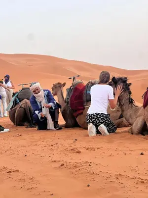 a group of people sitting on camels in the desert at Royal Erg Chebbi Luxury Camp in Hassilabied