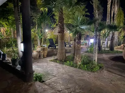 a courtyard with palm trees at night with a chair at Chambre dans un magnifique petit riad avec piscine in Aghmat