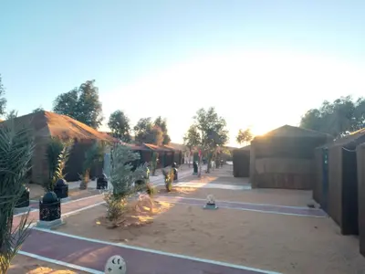 an empty courtyard with trees and a building at chez zakaria à Merzouga in Merzouga
