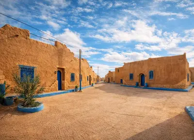a row of brown brick buildings with blue doors at Chez aubazine in Merzouga
