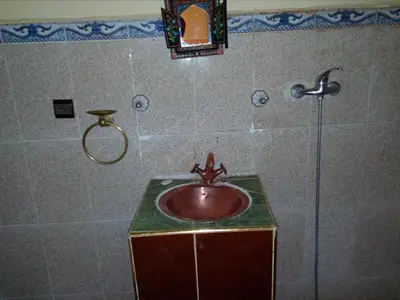 a bathroom with a sink and a shower at Gte Tawada - Valle Heureuse - Chambre pour 2 Personnes in Agouti